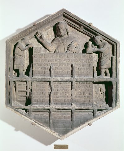 The Art of Building, hexagonal decorative relief tile from a series depicting the practitioners of the Arts and Sciences, possibly based on designs by Giotto by Andrea Pisano